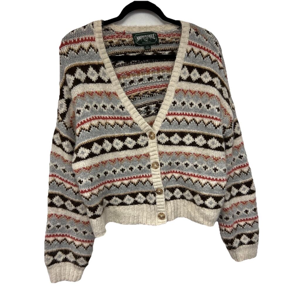 Y2K American Eagle Vintage GREEN LABEL 70s Brown Cream Pattern Cardigan SZ L
